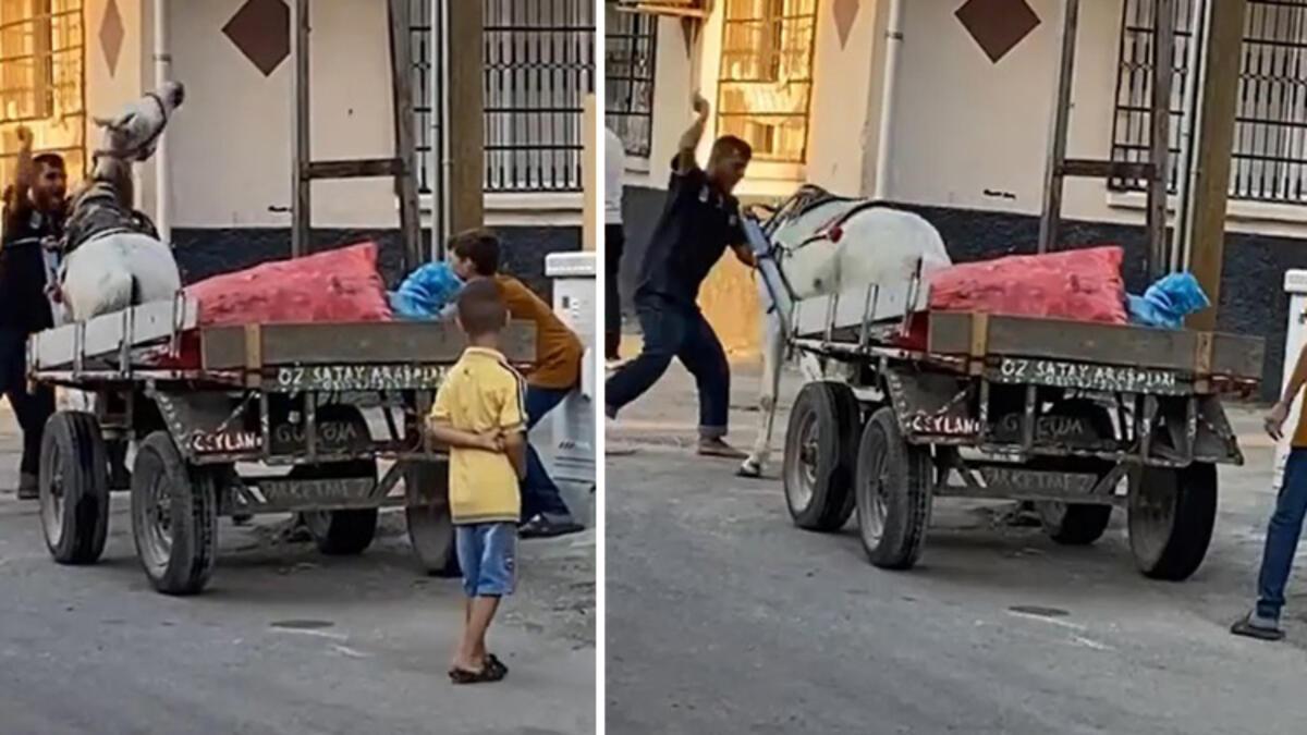 Adana'da çocukların gözü önünde ilerlemeyen atı yumrukladı – Hürriyet